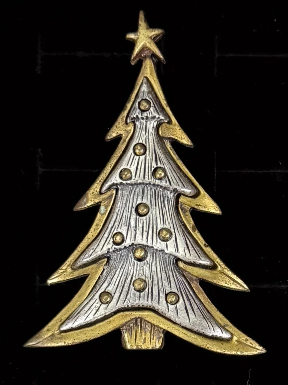 Vintage Two Tone Christmas Tree Brooch Star Topper Holiday Statement Pin